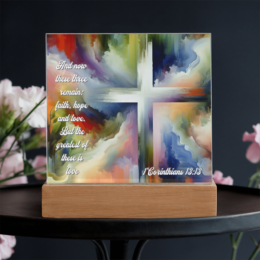 Faith, Hope & Love Acrylic Plaque with LED Base – Inspirational Christian Gift with 1 Corinthians 13:13 Verse