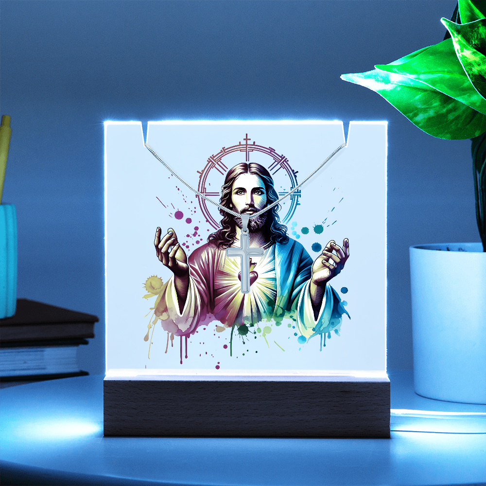 ✝️ Sacred Heart of Jesus Acrylic Lamp & Cross Necklace Bundle | Inspirational Faith Keepsake Gift
