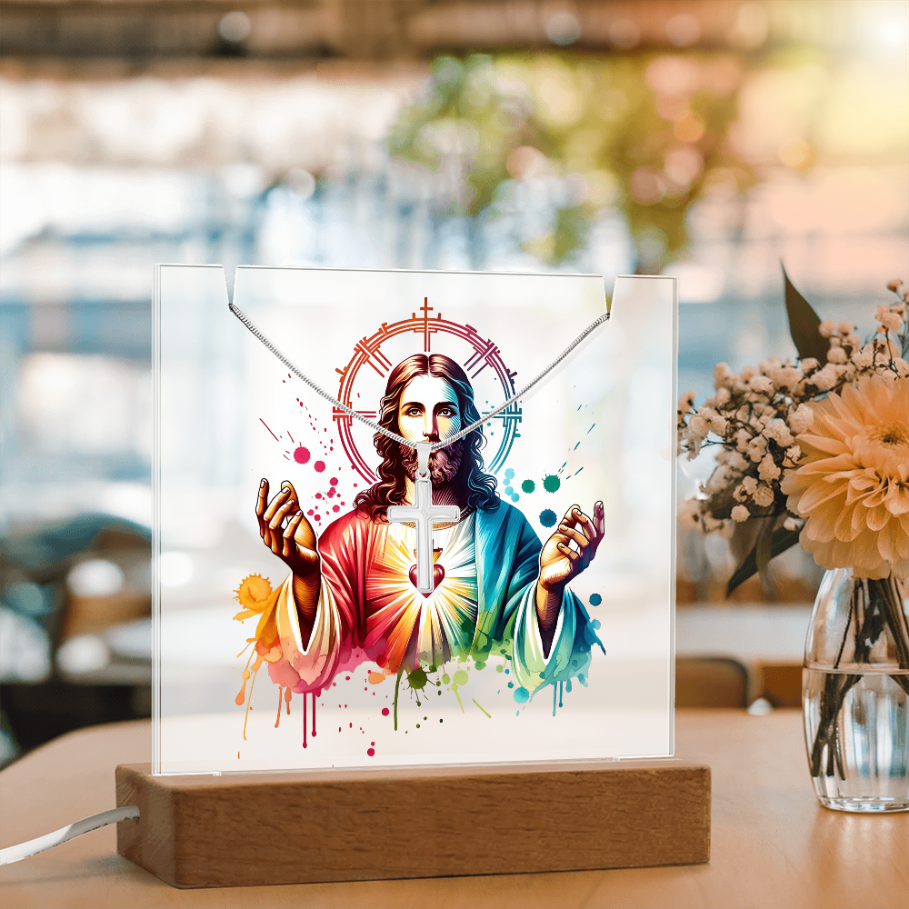 ✝️ Sacred Heart of Jesus Acrylic Lamp & Cross Necklace Bundle | Inspirational Faith Keepsake Gift