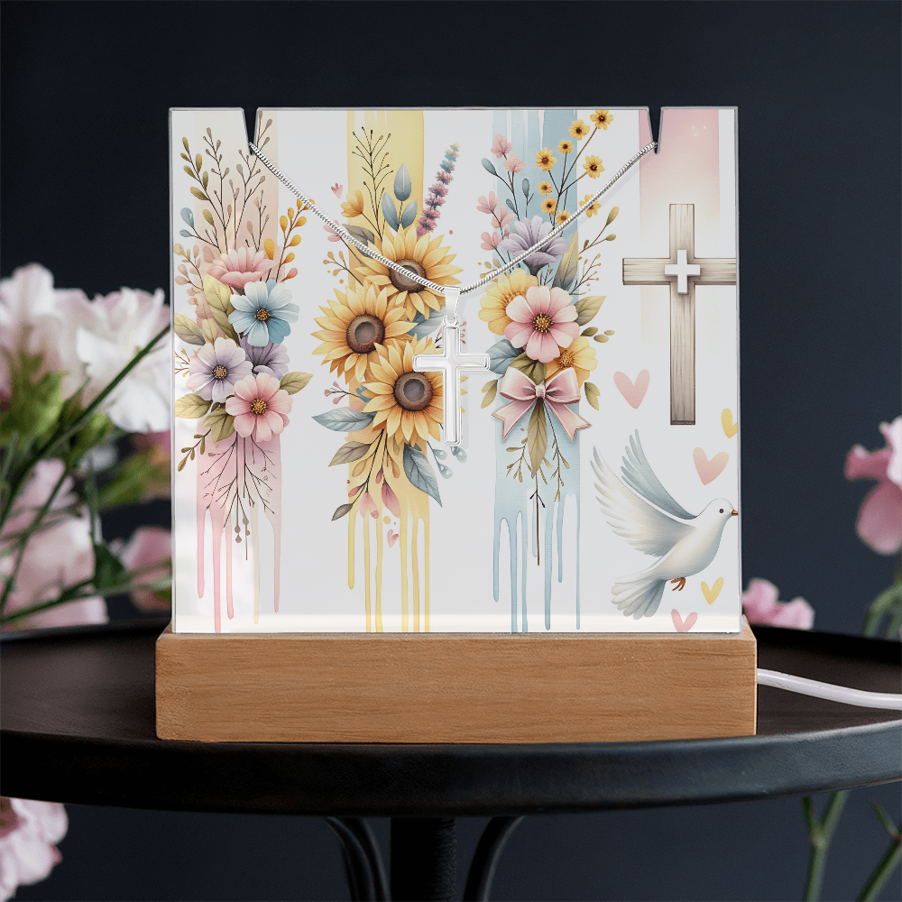 🕊️ Keepsake Dove & Cross Acrylic Art + Stainless Steel Cross Necklace | Faith-Inspired Gift Bundle