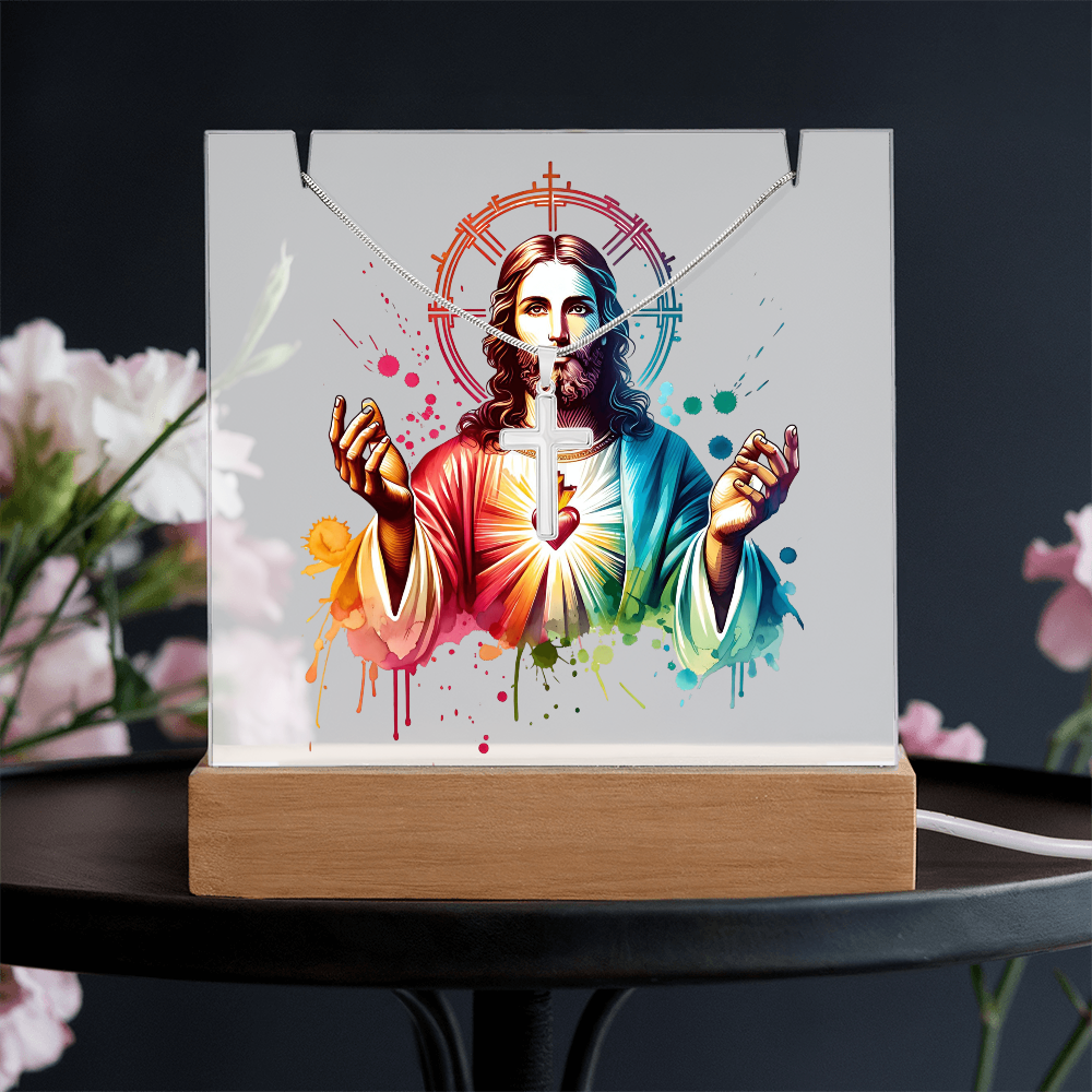 ✝️ Sacred Heart of Jesus Acrylic Lamp & Cross Necklace Bundle | Inspirational Faith Keepsake Gift
