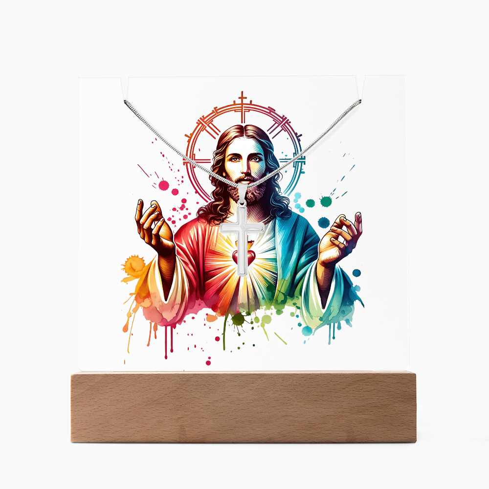 ✝️ Sacred Heart of Jesus Acrylic Lamp & Cross Necklace Bundle | Inspirational Faith Keepsake Gift