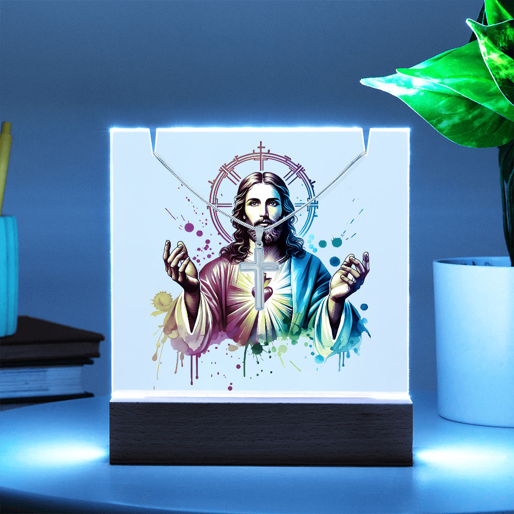 ✝️ Sacred Heart of Jesus Acrylic Lamp & Cross Necklace Bundle | Inspirational Faith Keepsake Gift