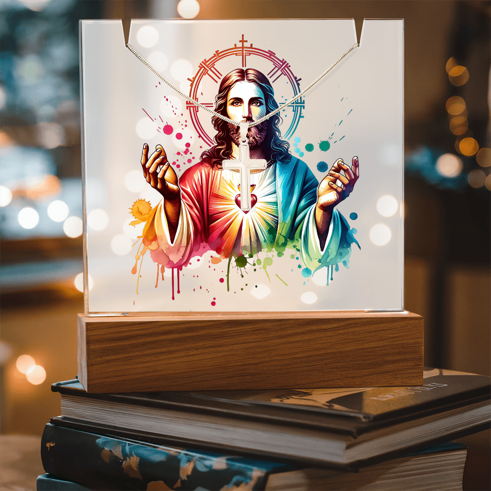 ✝️ Sacred Heart of Jesus Acrylic Lamp & Cross Necklace Bundle | Inspirational Faith Keepsake Gift