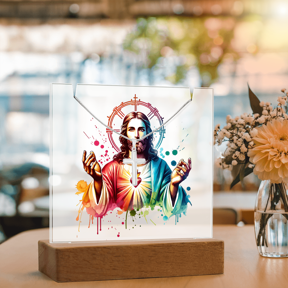 ✝️ Sacred Heart of Jesus Acrylic Lamp & Cross Necklace Bundle | Inspirational Faith Keepsake Gift