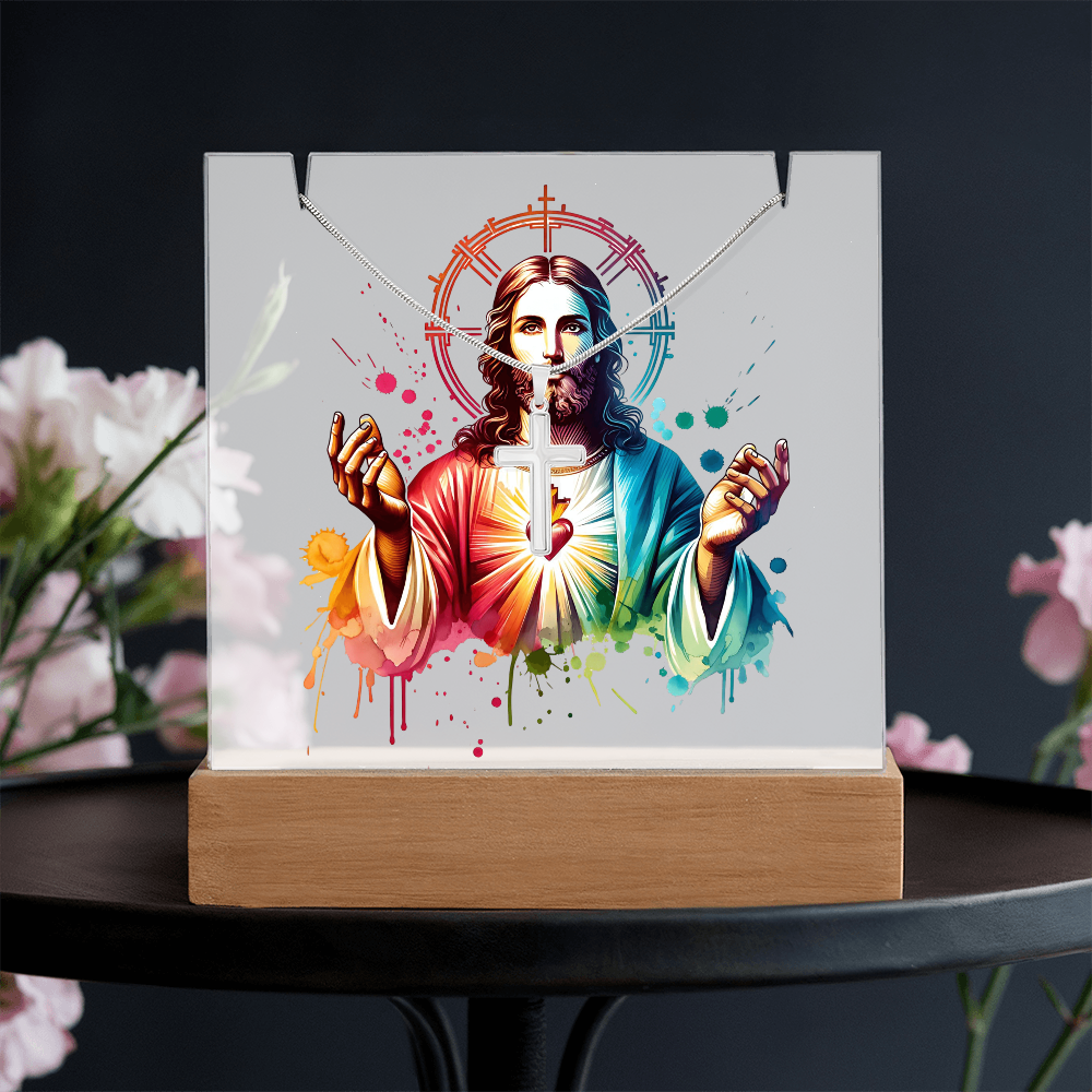 ✝️ Sacred Heart of Jesus Acrylic Lamp & Cross Necklace Bundle | Inspirational Faith Keepsake Gift