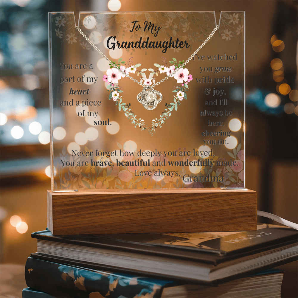 To My Granddaughter – Lighted Acrylic Gift & Love Knot Necklace Bundle | Sentimental Keepsake from Grandma