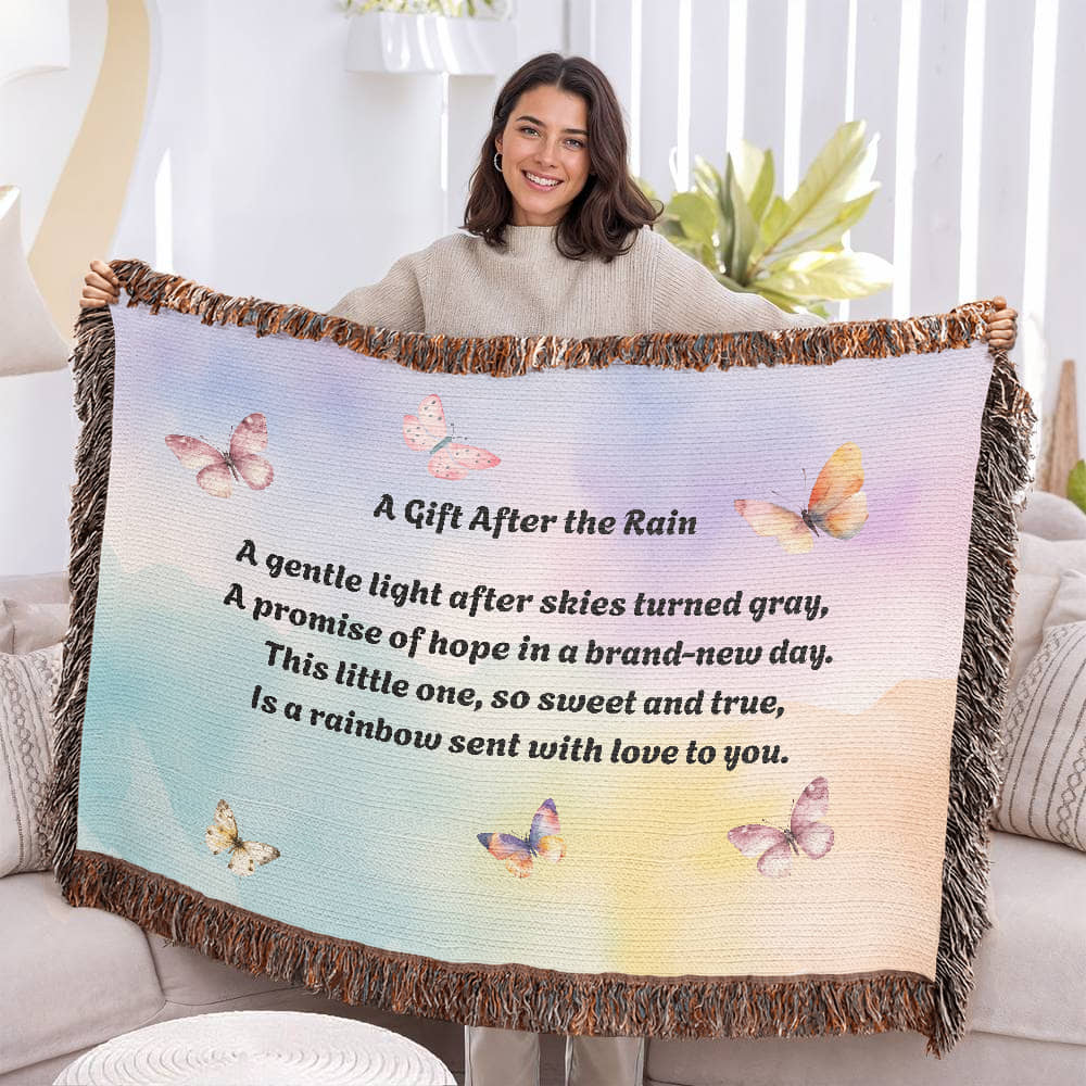 Rainbow Baby Woven Blanket – “A Gift After the Rain” Heirloom Cotton Throw for New Parents