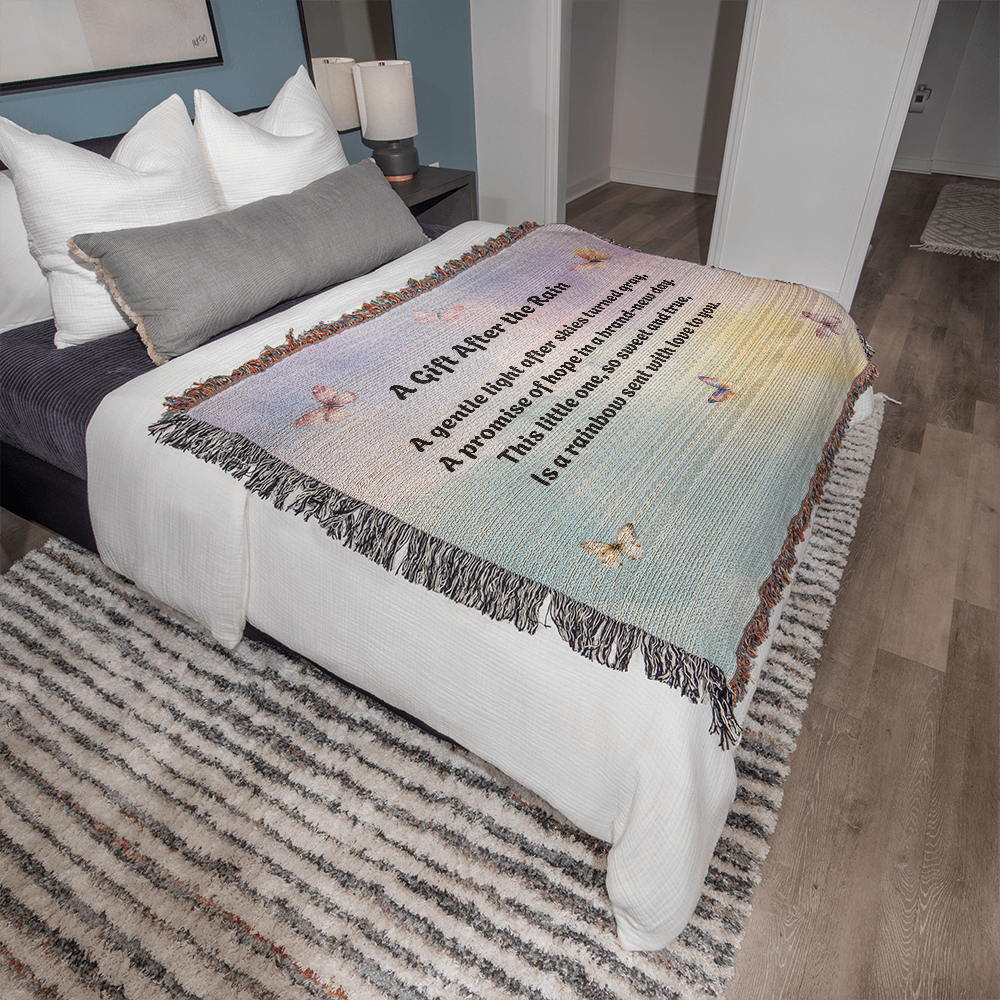 Rainbow Baby Woven Blanket – “A Gift After the Rain” Heirloom Cotton Throw for New Parents