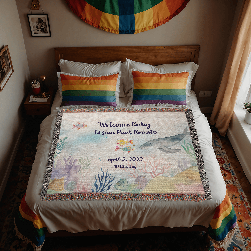 🧜‍♀️ Under the Sea New Baby Announcement Blanket – Personalized Woven Gift for New Parents