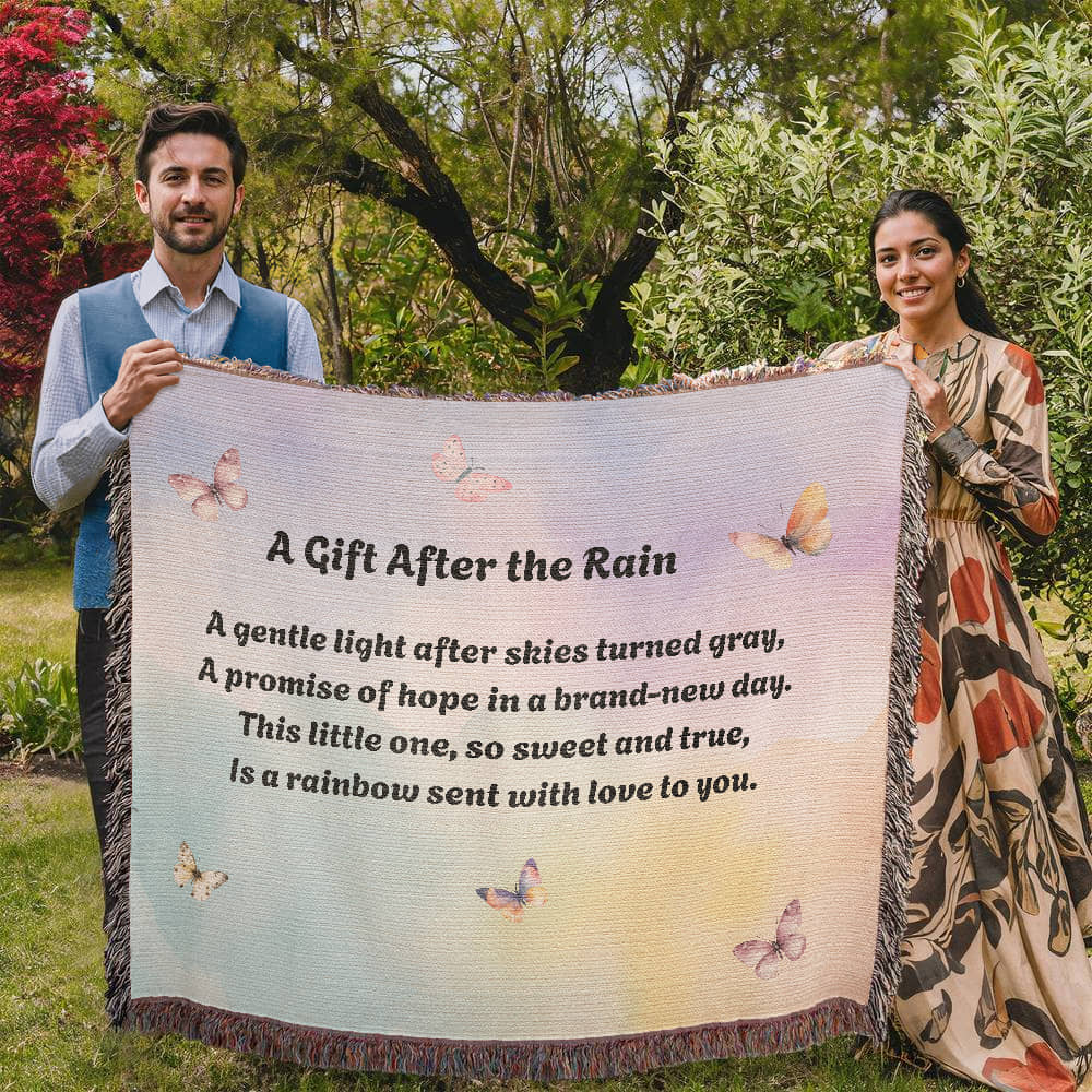 Rainbow Baby Woven Blanket – “A Gift After the Rain” Heirloom Cotton Throw for New Parents