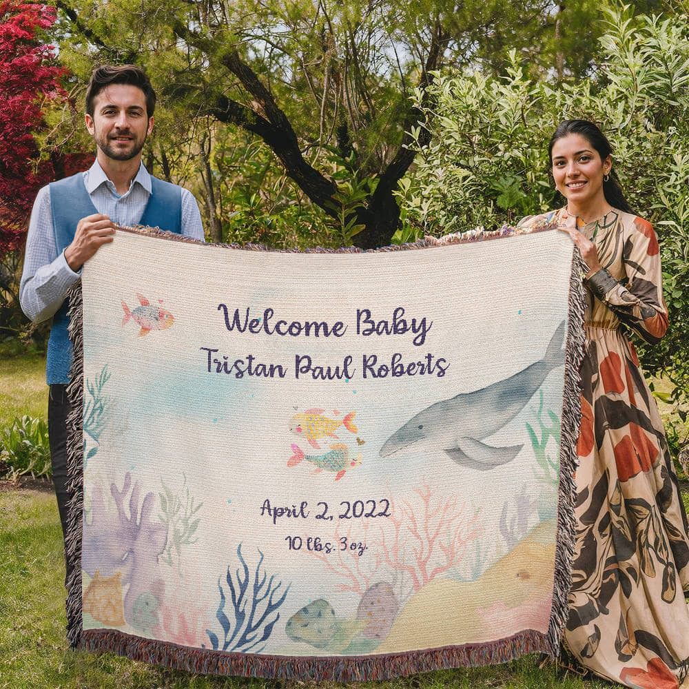 🧜‍♀️ Under the Sea New Baby Announcement Blanket – Personalized Woven Gift for New Parents