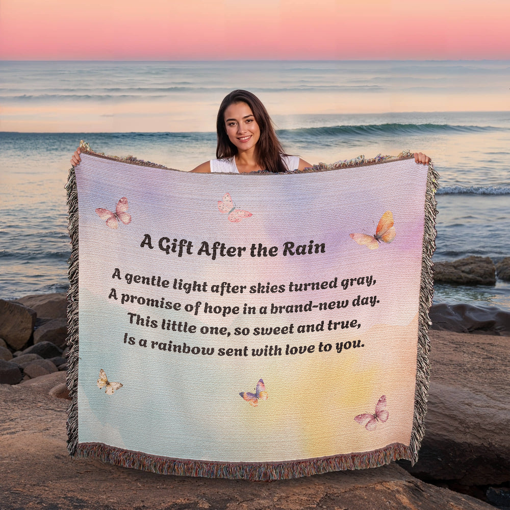 Rainbow Baby Woven Blanket – “A Gift After the Rain” Heirloom Cotton Throw for New Parents