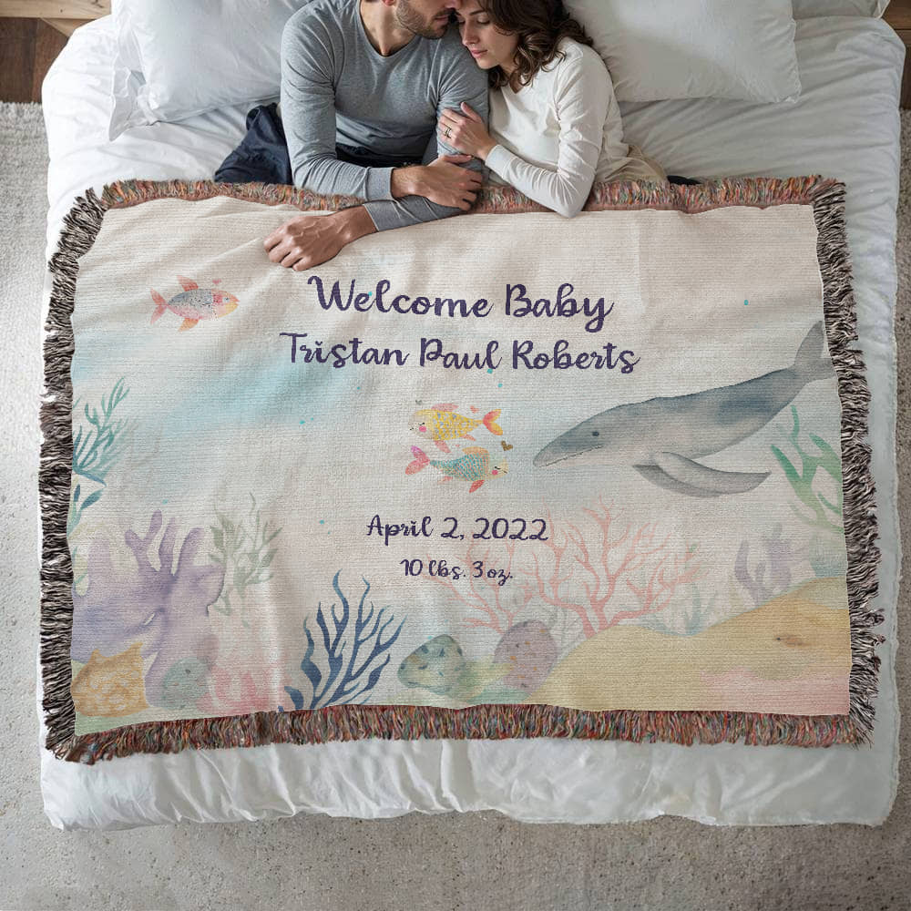 🧜‍♀️ Under the Sea New Baby Announcement Blanket – Personalized Woven Gift for New Parents