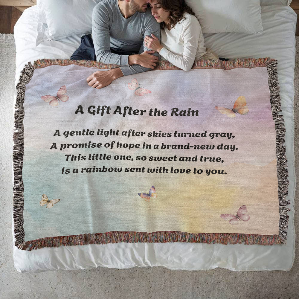 Rainbow Baby Woven Blanket – “A Gift After the Rain” Heirloom Cotton Throw for New Parents