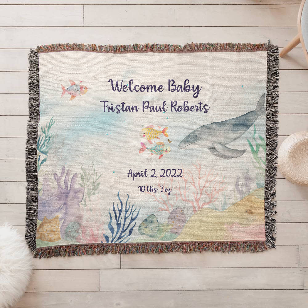 🧜‍♀️ Under the Sea New Baby Announcement Blanket – Personalized Woven Gift for New Parents