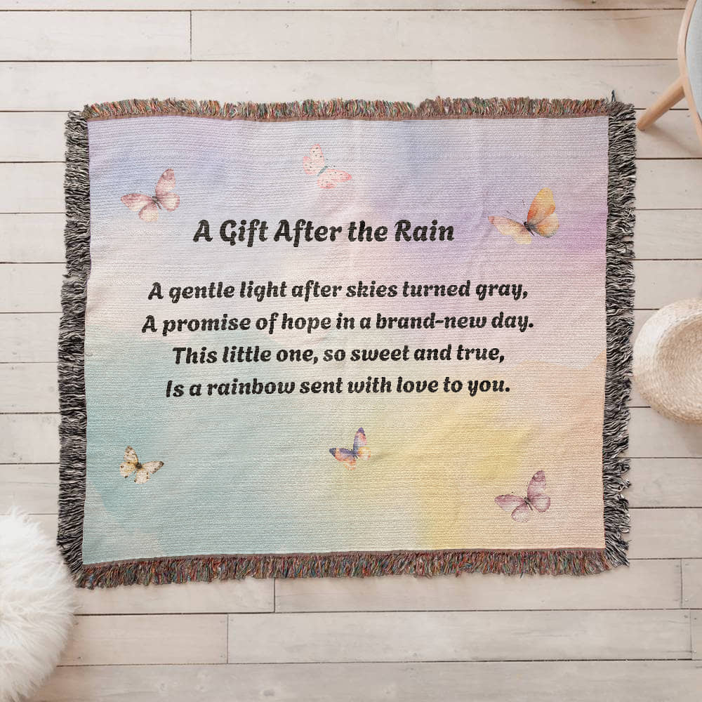 Rainbow Baby Woven Blanket – “A Gift After the Rain” Heirloom Cotton Throw for New Parents