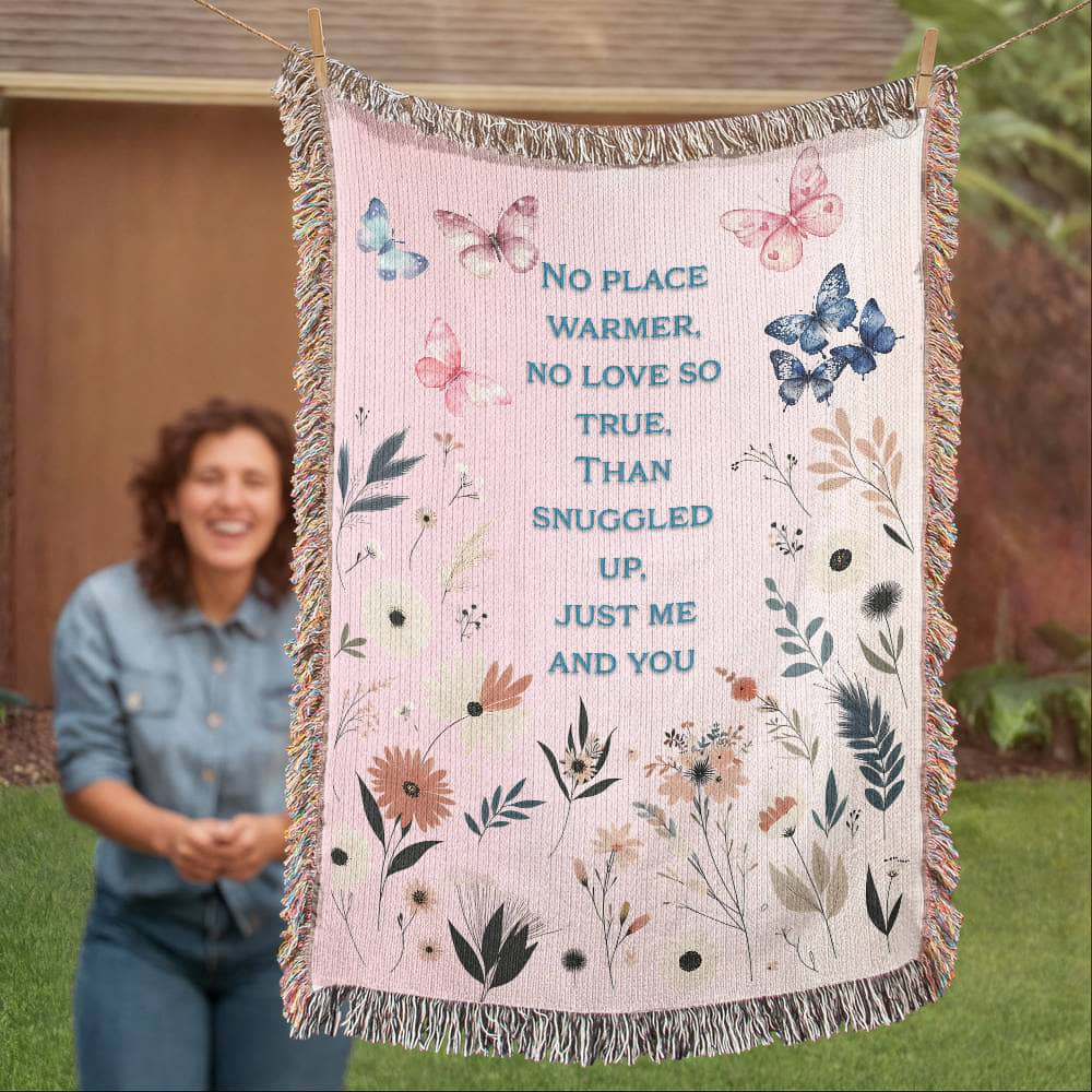 🦋 Family Snuggle Woven Blanket – Heirloom Gift with Touching Poem, Cottage Floral & Butterfly Design