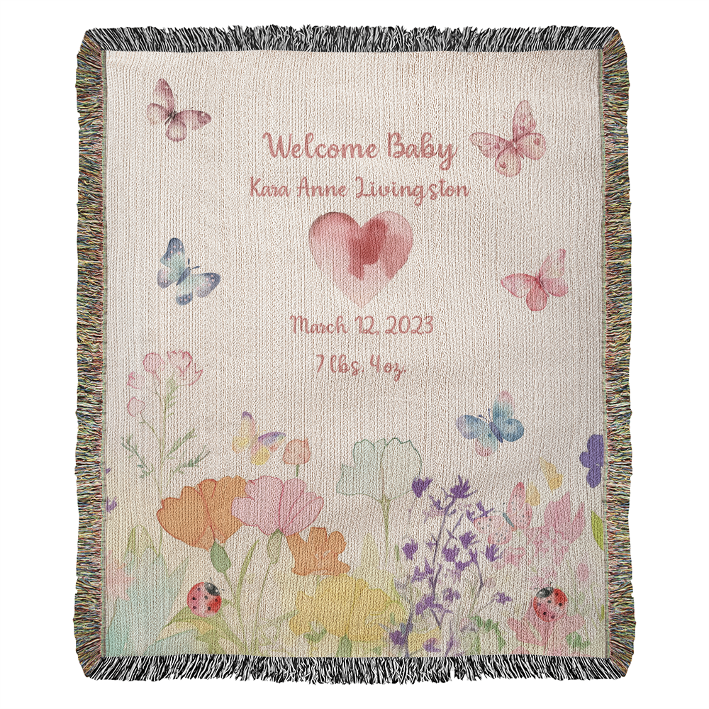 🦋 Personalized New Baby Woven Blanket – Butterfly & Floral Heirloom Gift | Add Name, Birthdate & Weight