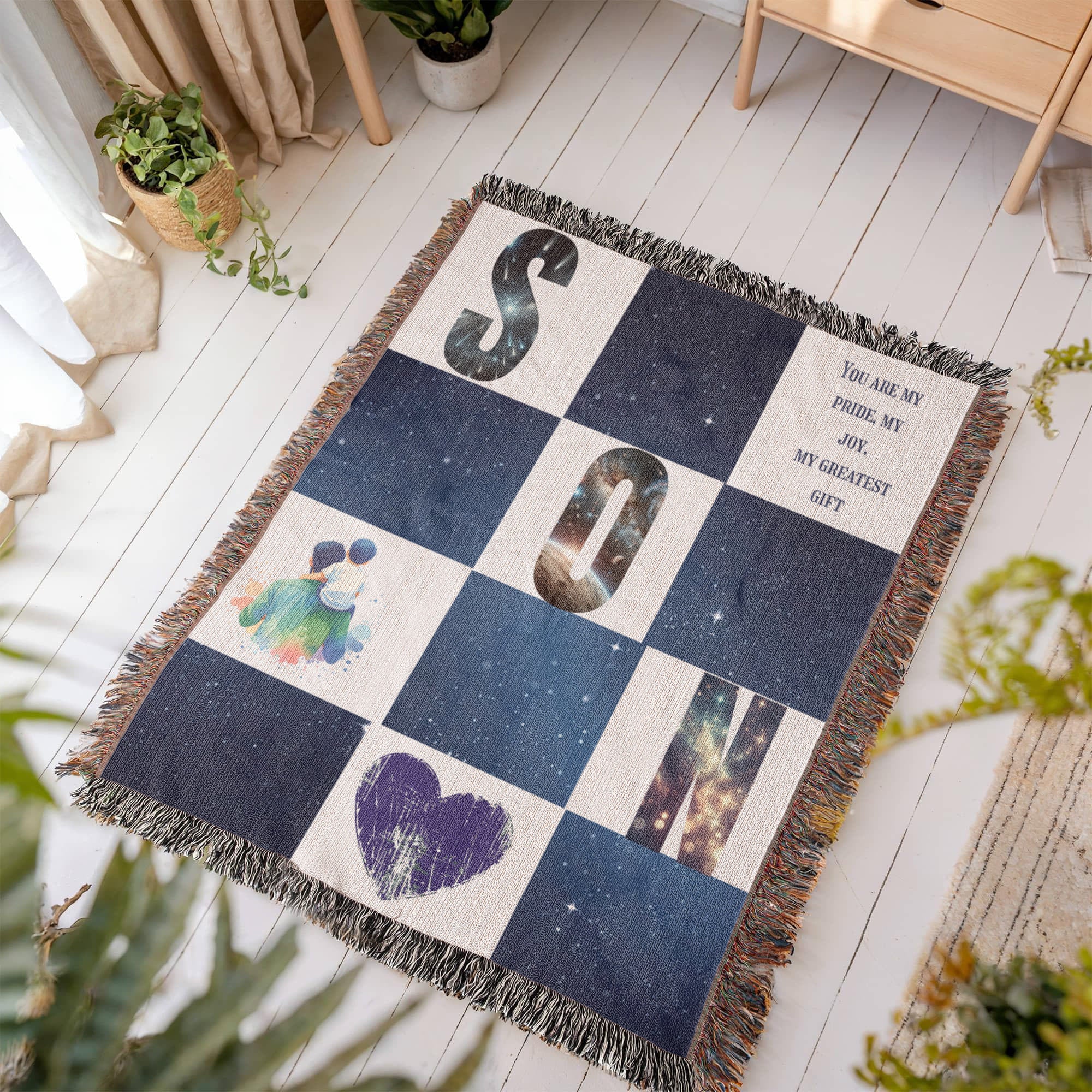 🌌 To My Son – Celestial Heirloom Woven Blanket | Personalized 100% Cotton Gift