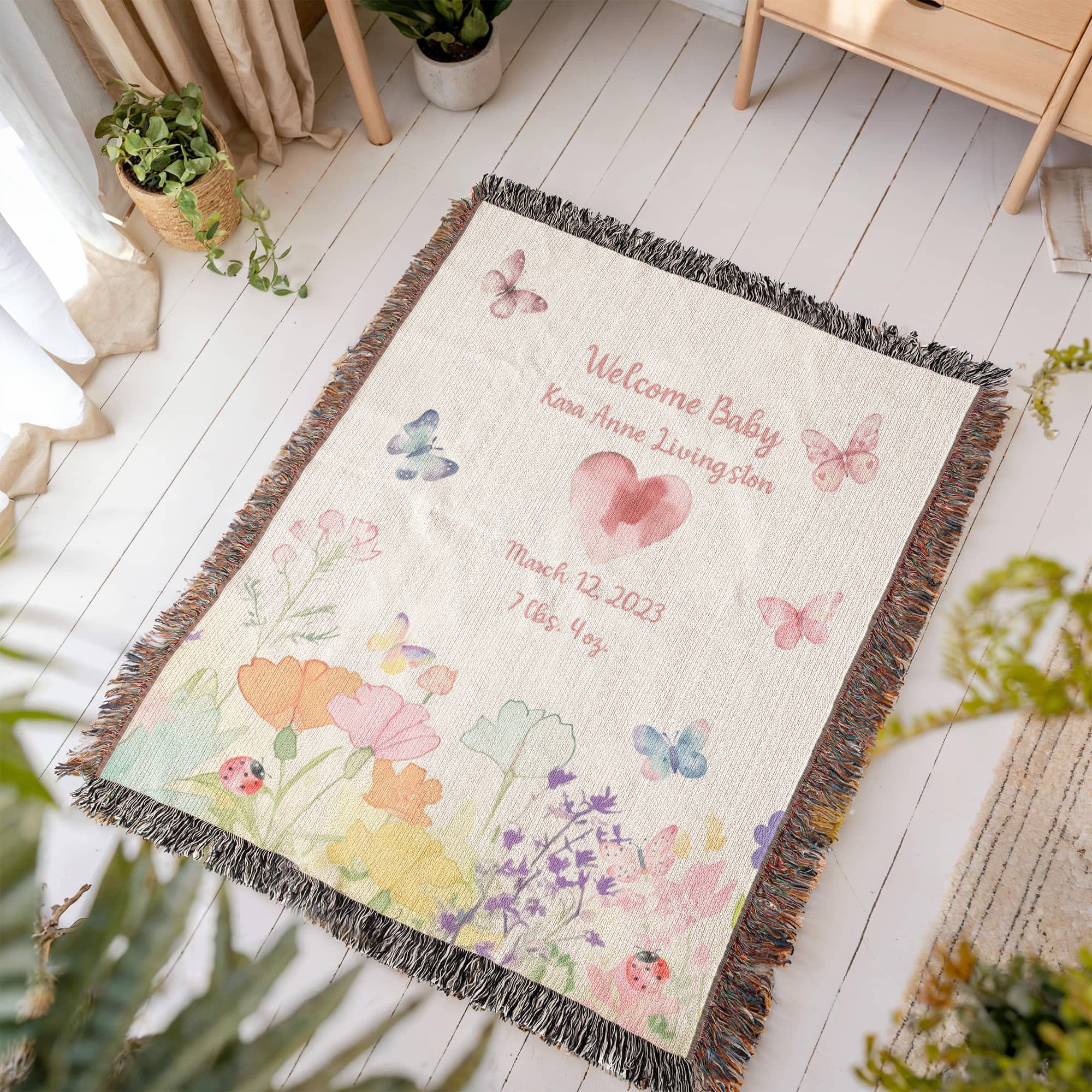 🦋 Personalized New Baby Woven Blanket – Butterfly & Floral Heirloom Gift | Add Name, Birthdate & Weight