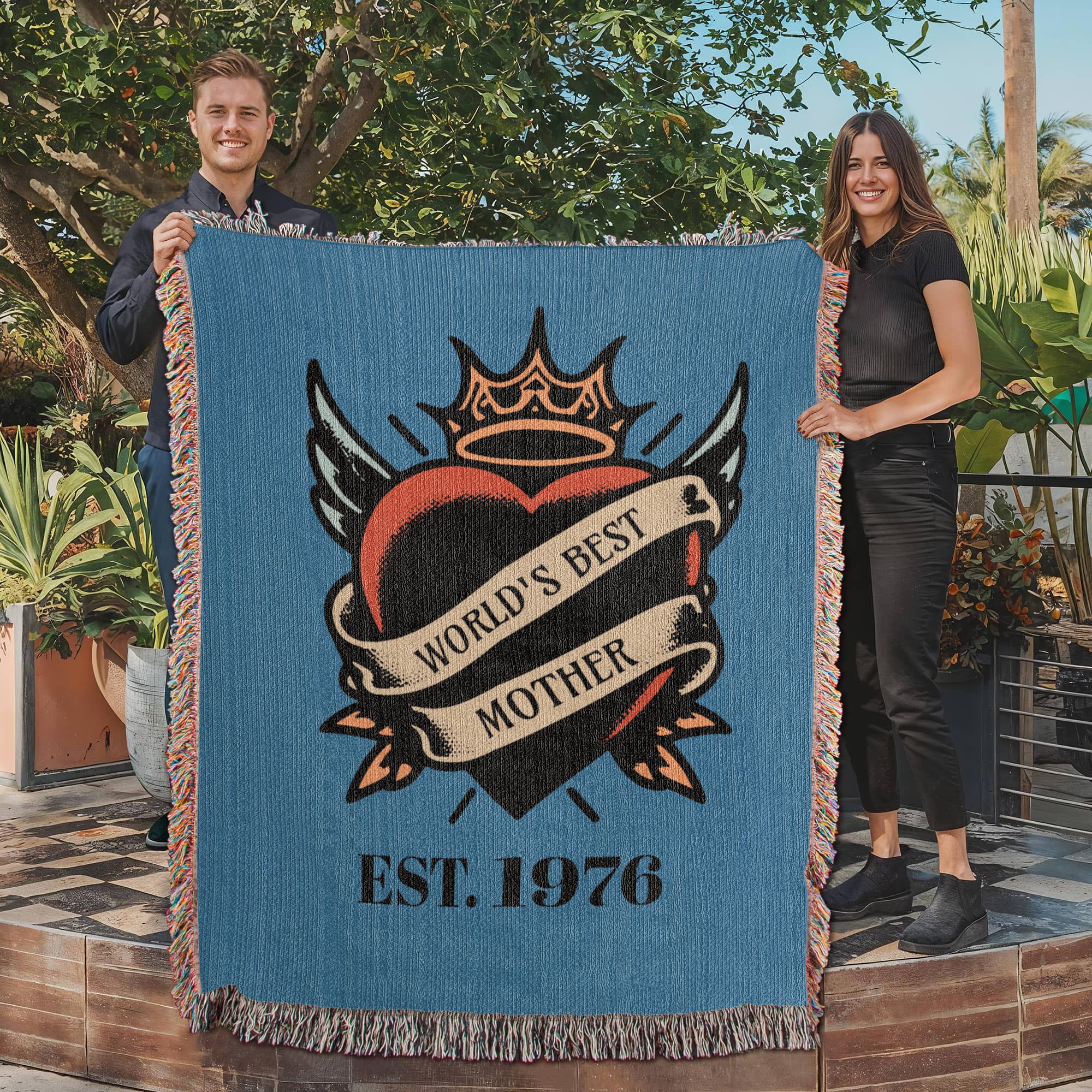Custom Tattoo-Style Mother’s Day Blanket – “World’s Best Mother” Woven Throw with EST Year