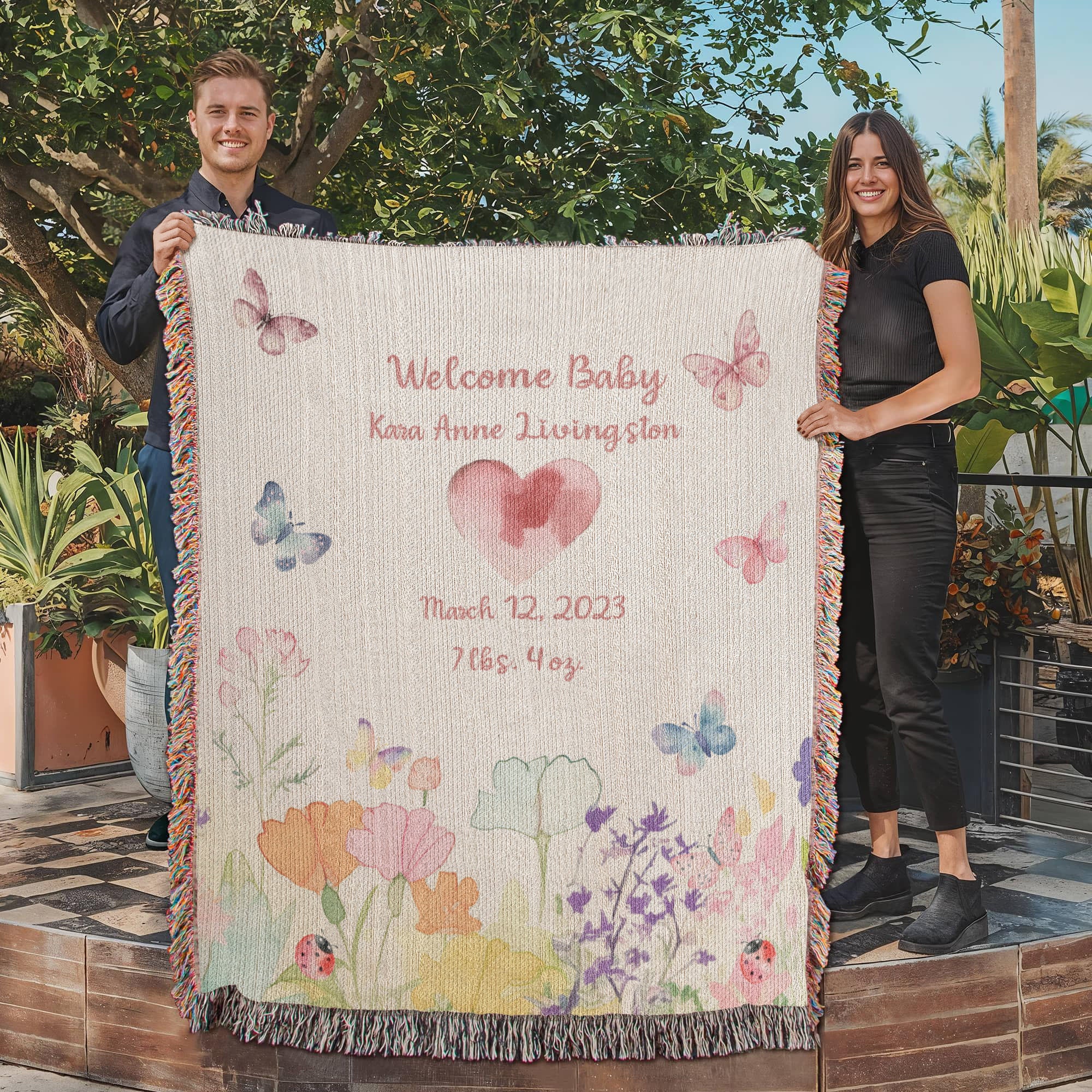 🦋 Personalized New Baby Woven Blanket – Butterfly & Floral Heirloom Gift | Add Name, Birthdate & Weight