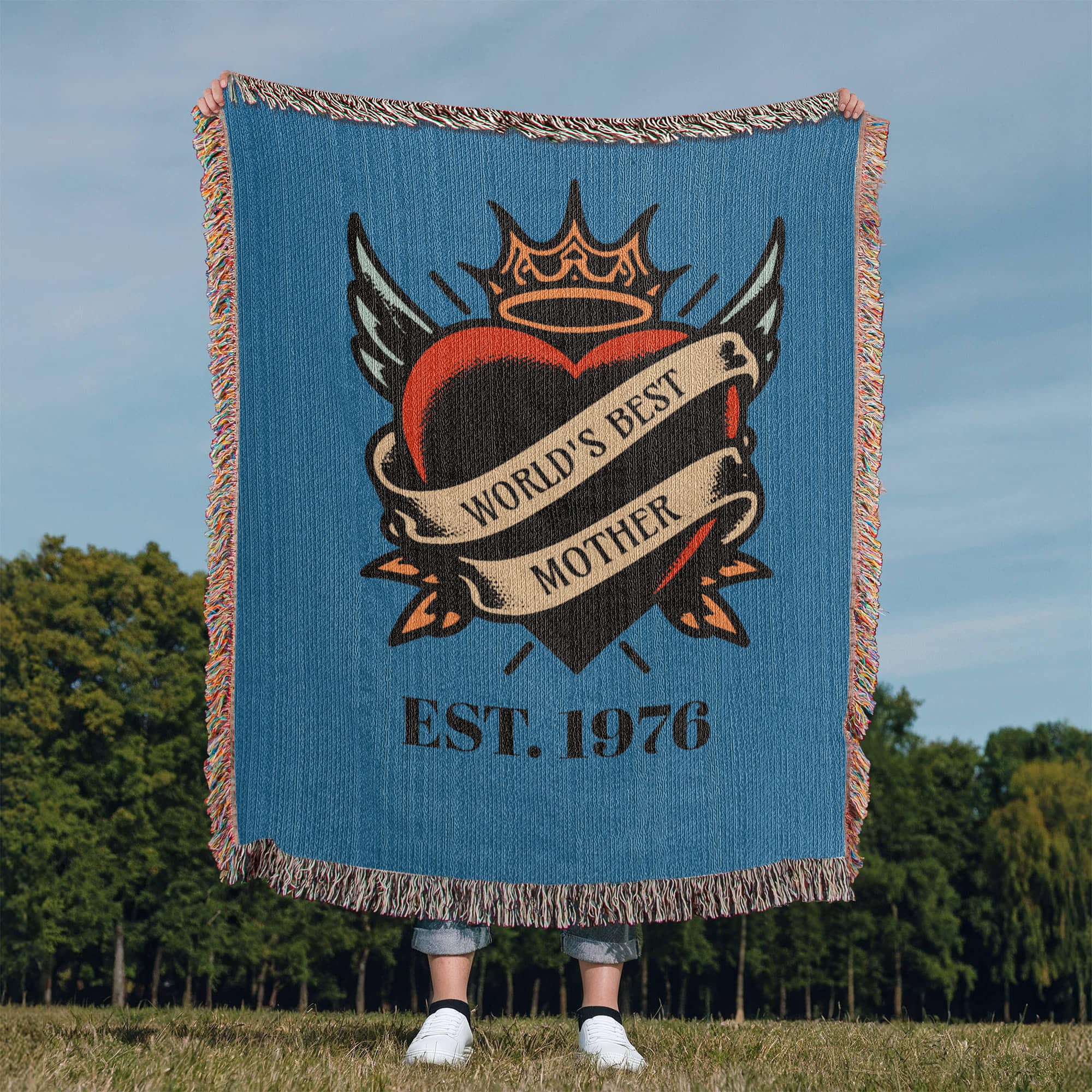 Custom Tattoo-Style Mother’s Day Blanket – “World’s Best Mother” Woven Throw with EST Year