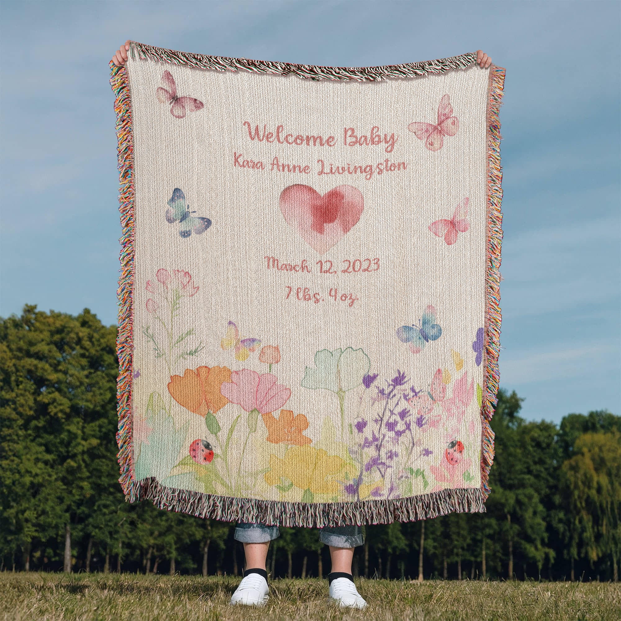 🦋 Personalized New Baby Woven Blanket – Butterfly & Floral Heirloom Gift | Add Name, Birthdate & Weight