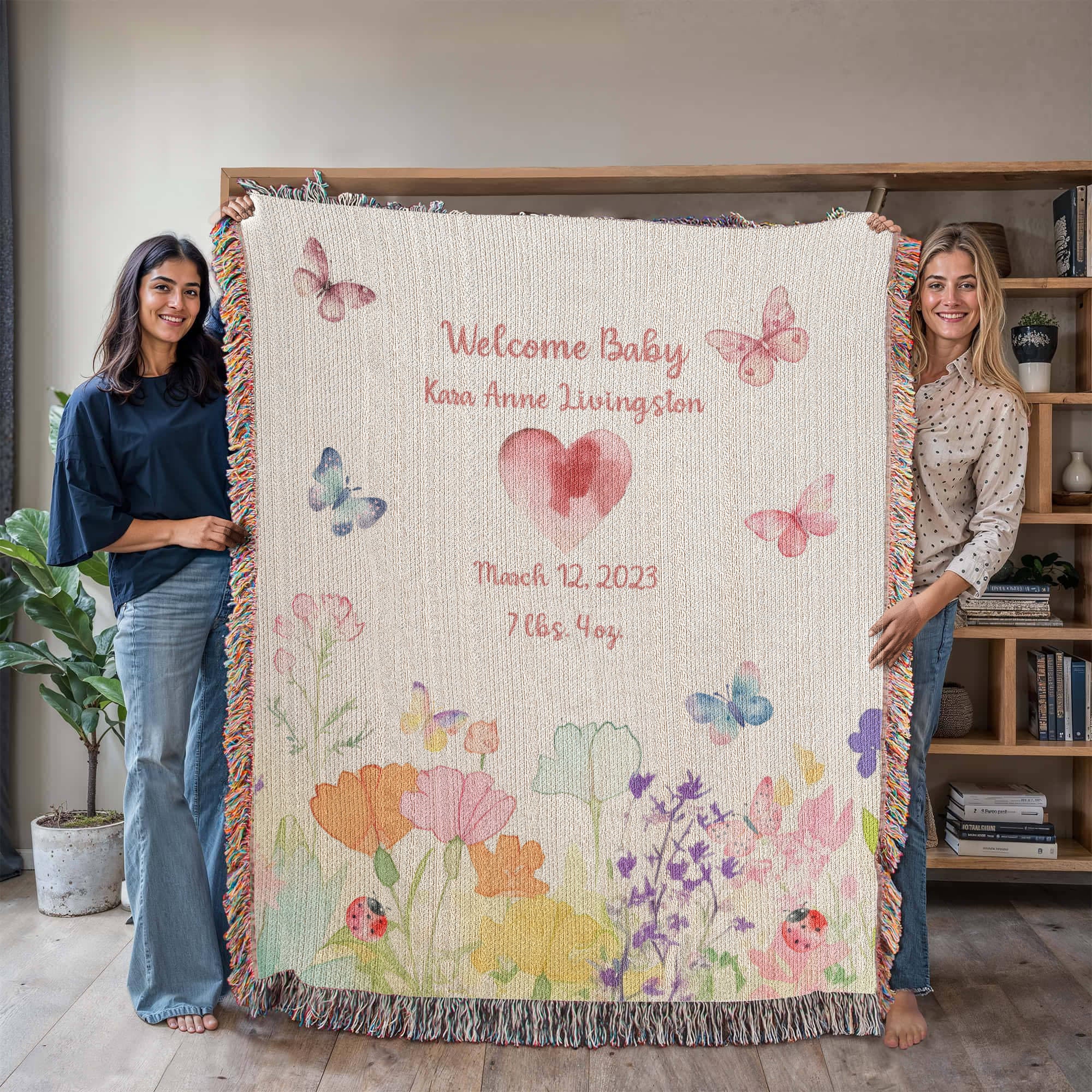 🦋 Personalized New Baby Woven Blanket – Butterfly & Floral Heirloom Gift | Add Name, Birthdate & Weight