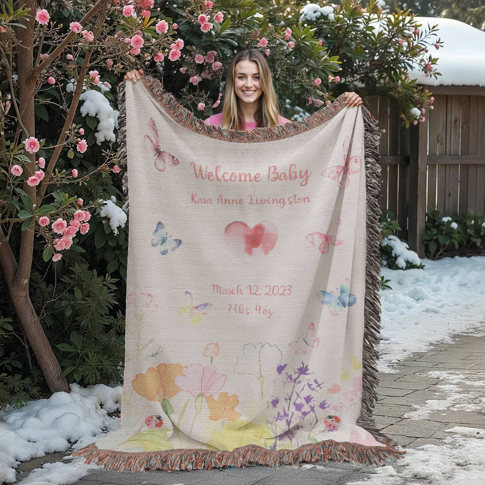 🦋 Personalized New Baby Woven Blanket – Butterfly & Floral Heirloom Gift | Add Name, Birthdate & Weight
