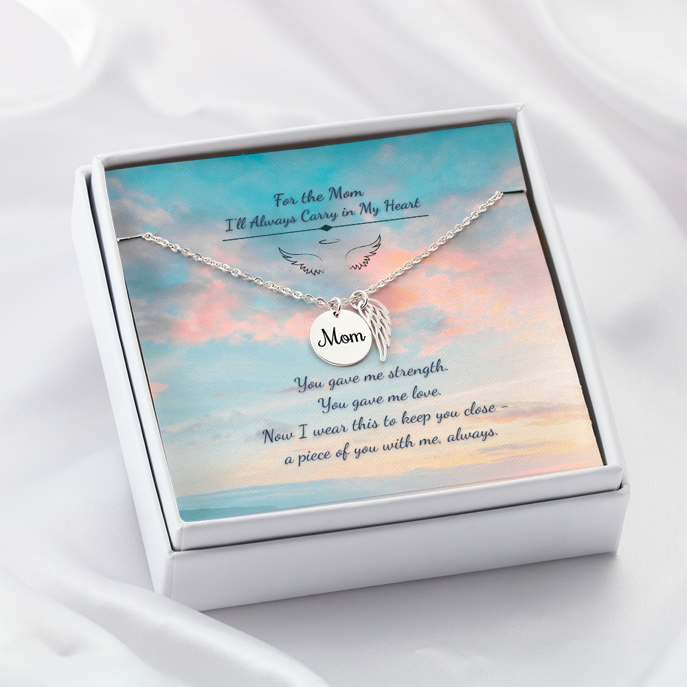 Memorial Necklace for Mom – Angel Wing & Disc Pendant – "Always in My Heart" Remembrance Gift