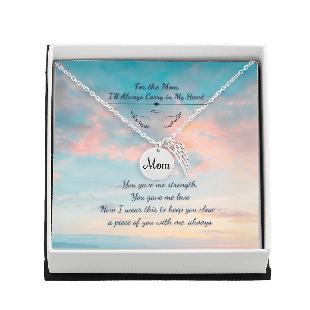 Memorial Necklace for Mom – Angel Wing & Disc Pendant – "Always in My Heart" Remembrance Gift