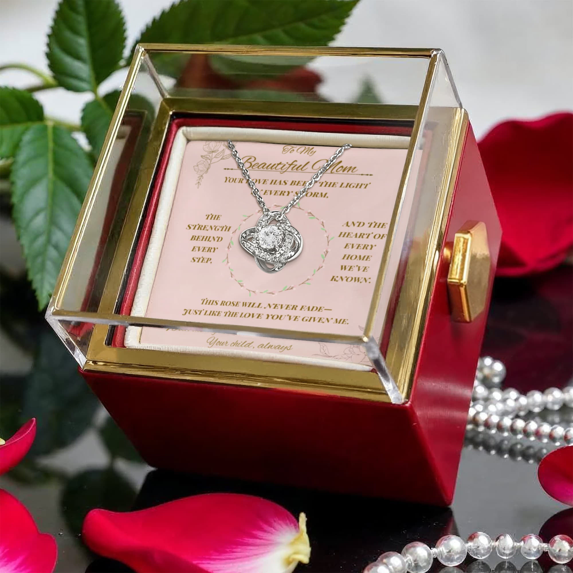 To My Beautiful Mom – Love Knot Necklace with Preserved Rose Box – Sentimental Gift from Daughter or Child