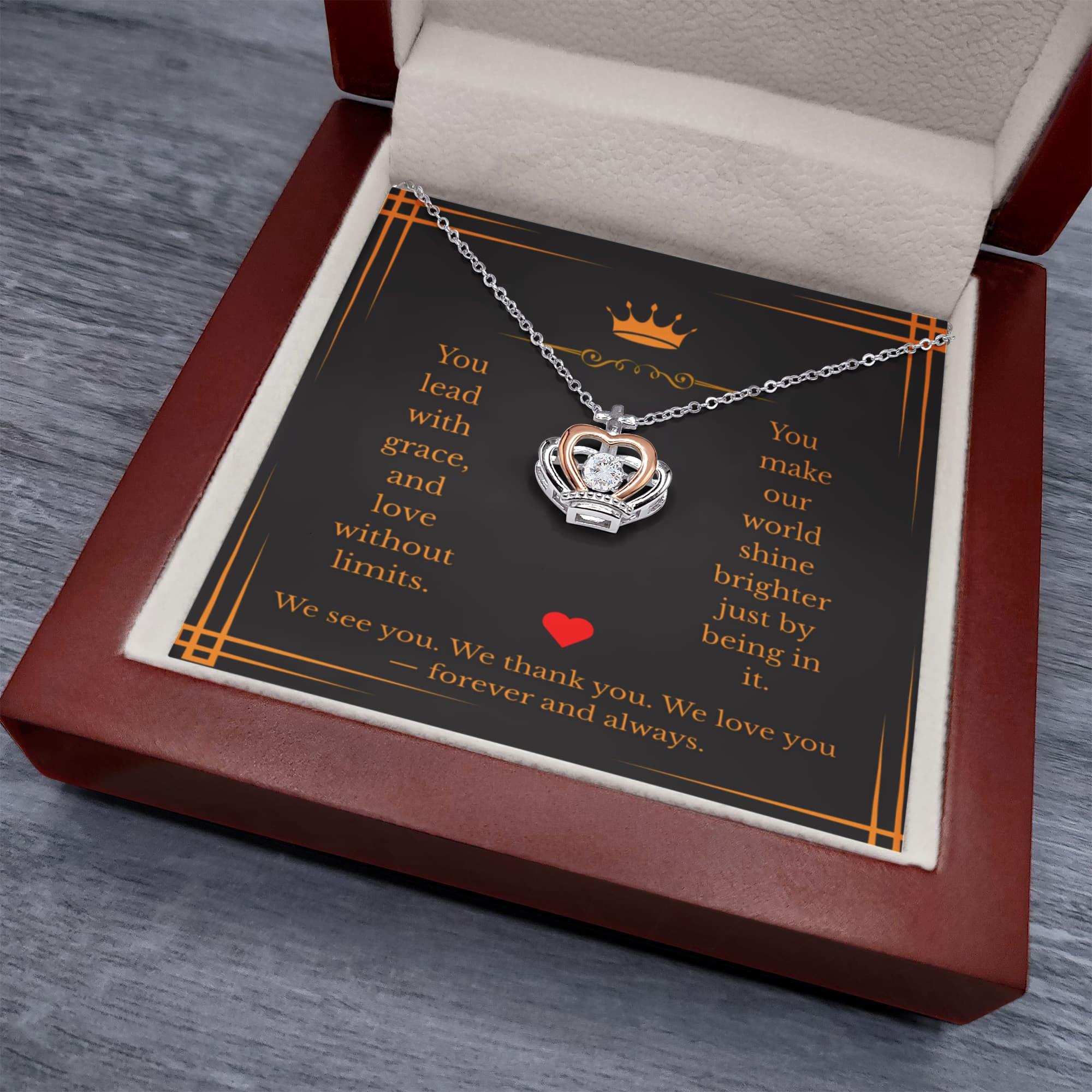 “To the Queen of Our Hearts” Crown Necklace – Elegant Gift with Message Card