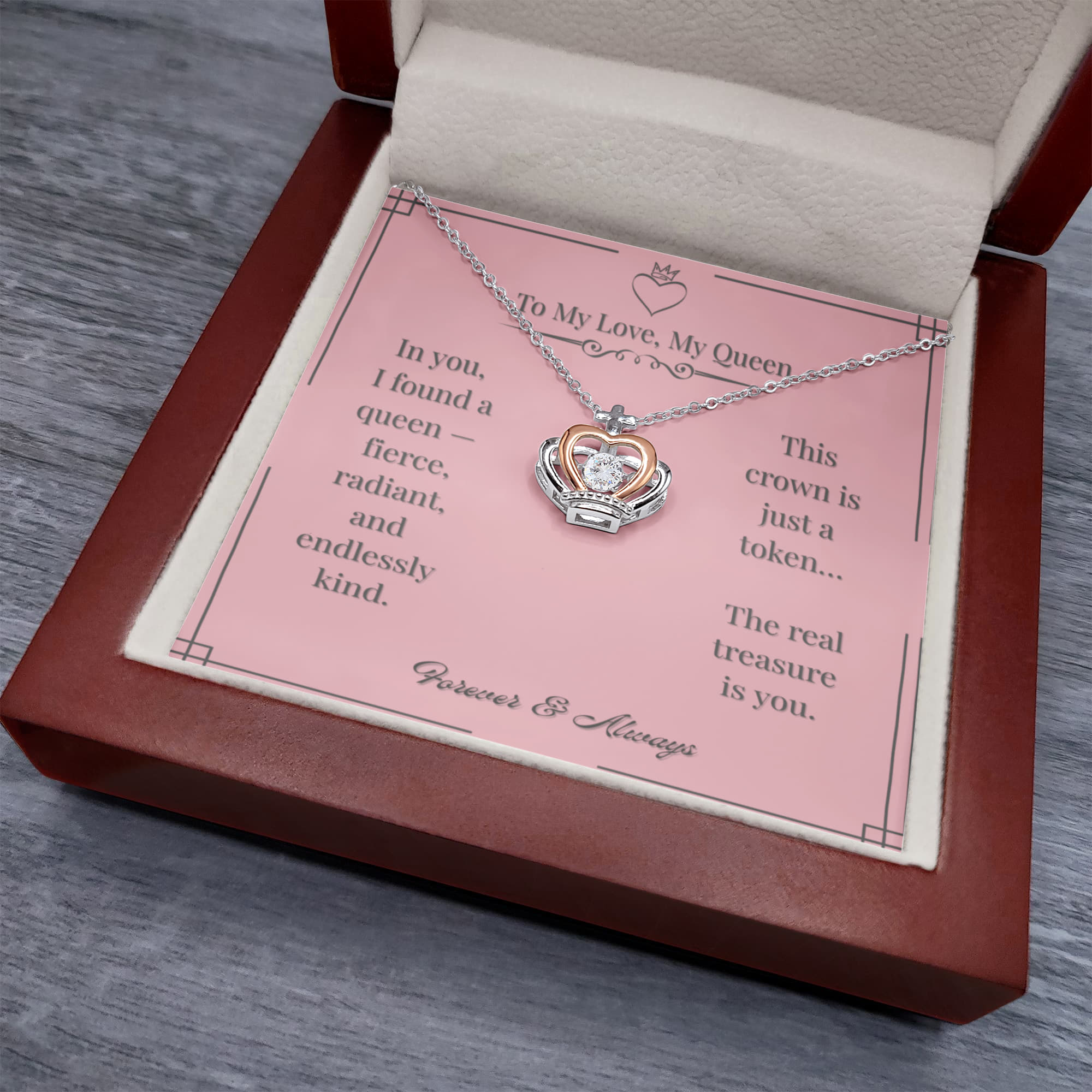 "To My Love, My Queen" Crown Necklace – Romantic Gift with Luxury Box & Message Card