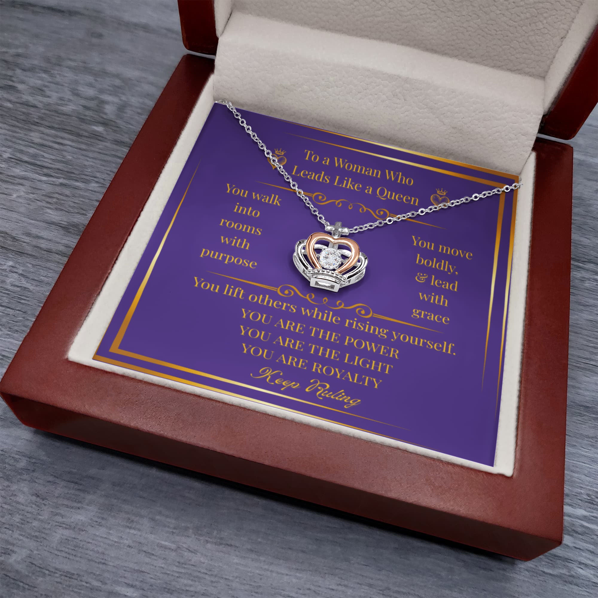 To a Woman Who Leads Like a Queen – Sterling Silver Crown Necklace with Empowering Message Card