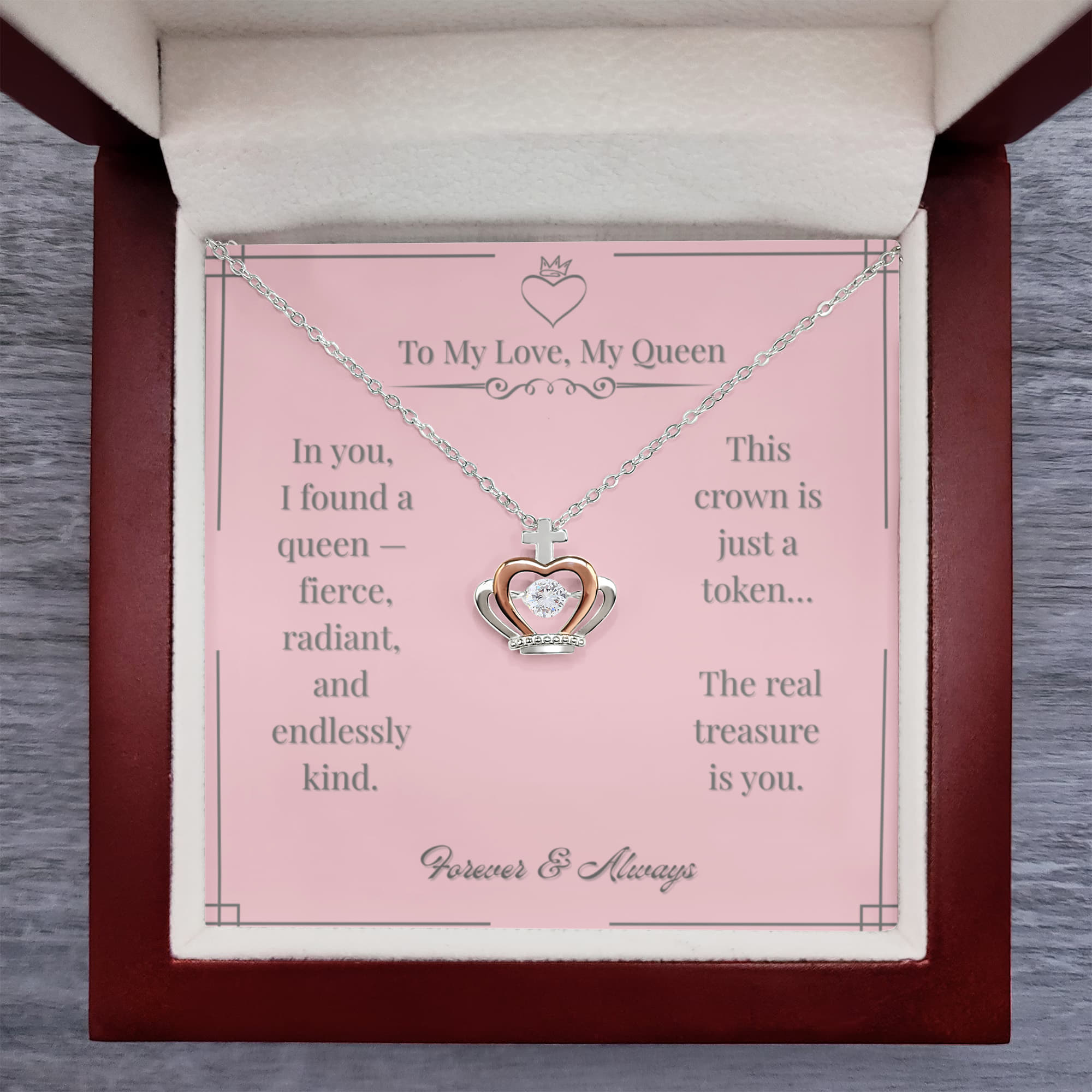 "To My Love, My Queen" Crown Necklace – Romantic Gift with Luxury Box & Message Card
