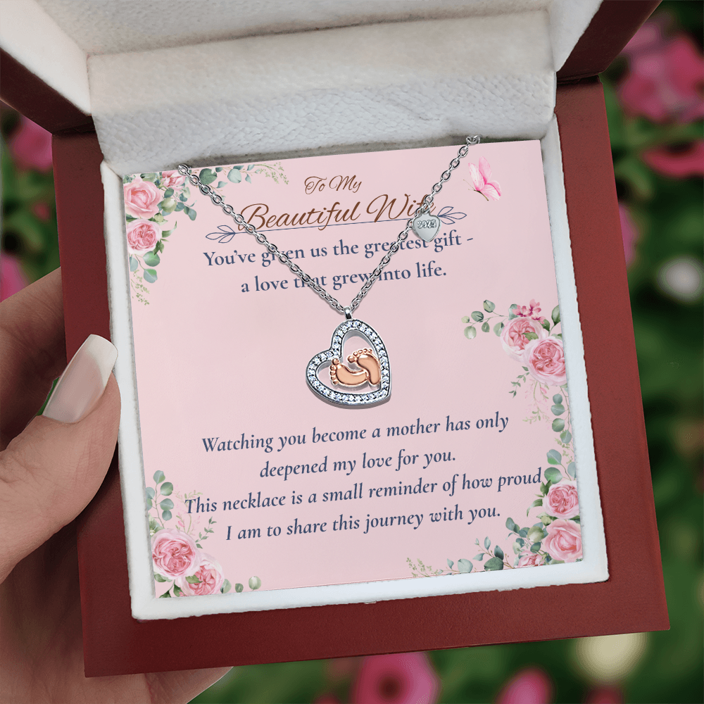To My Beautiful Wife – New Mom Necklace with Baby Feet Heart Pendant – Motherhood Gift from Husband