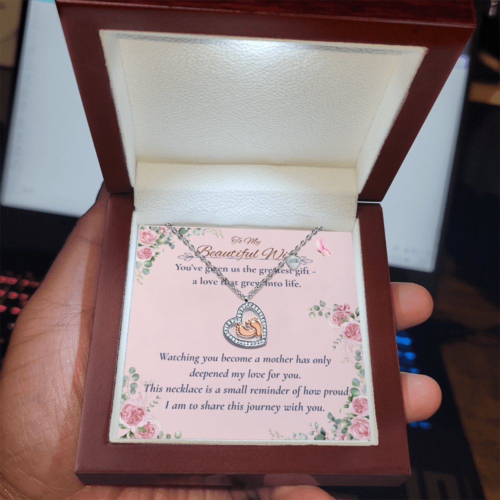 To My Beautiful Wife – New Mom Necklace with Baby Feet Heart Pendant – Motherhood Gift from Husband