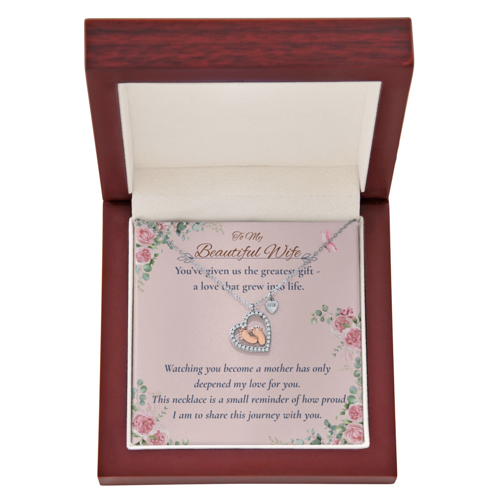 To My Beautiful Wife – New Mom Necklace with Baby Feet Heart Pendant – Motherhood Gift from Husband