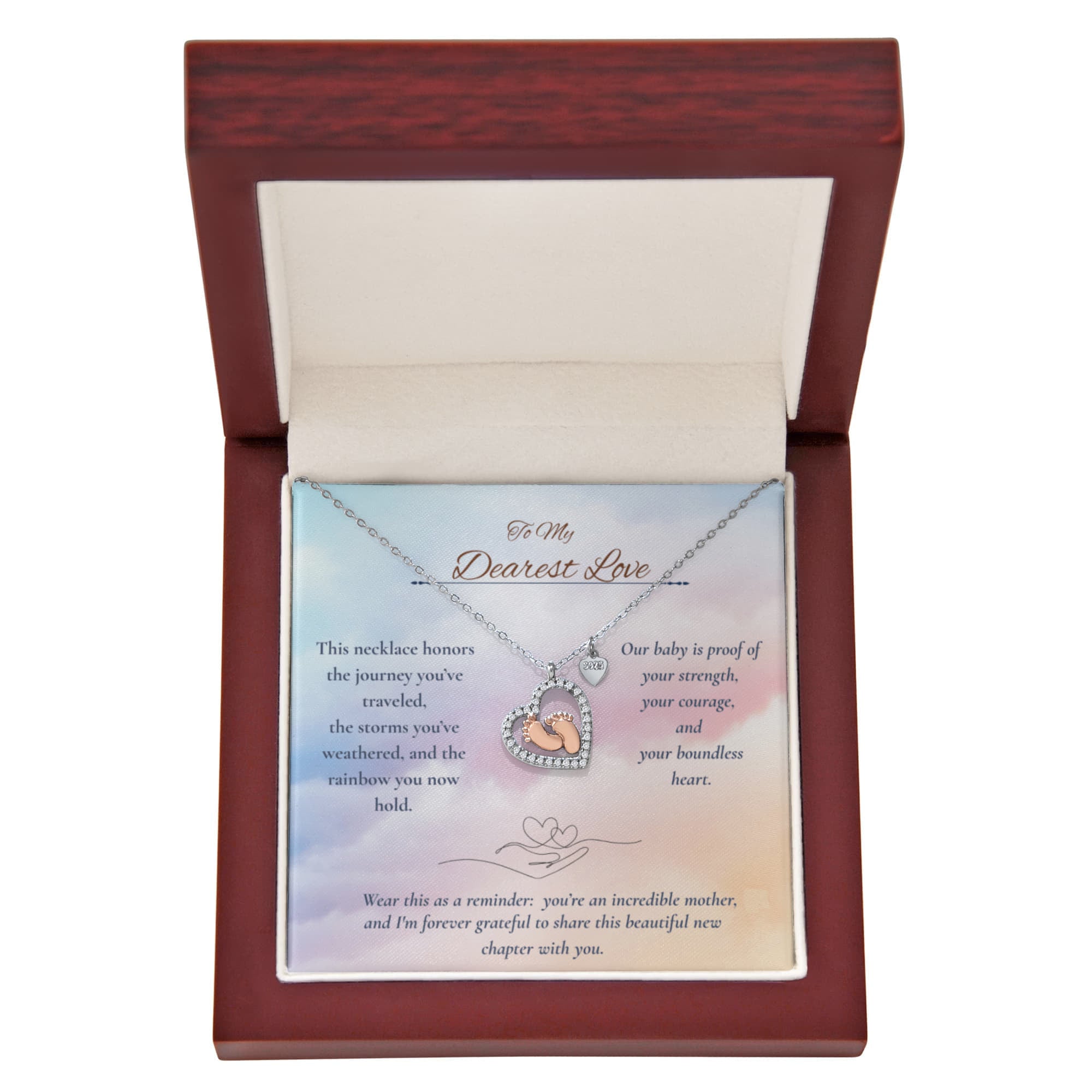 Rainbow Baby Necklace – Heart & Baby Feet Pendant – Pregnancy After Loss Gift for Mom