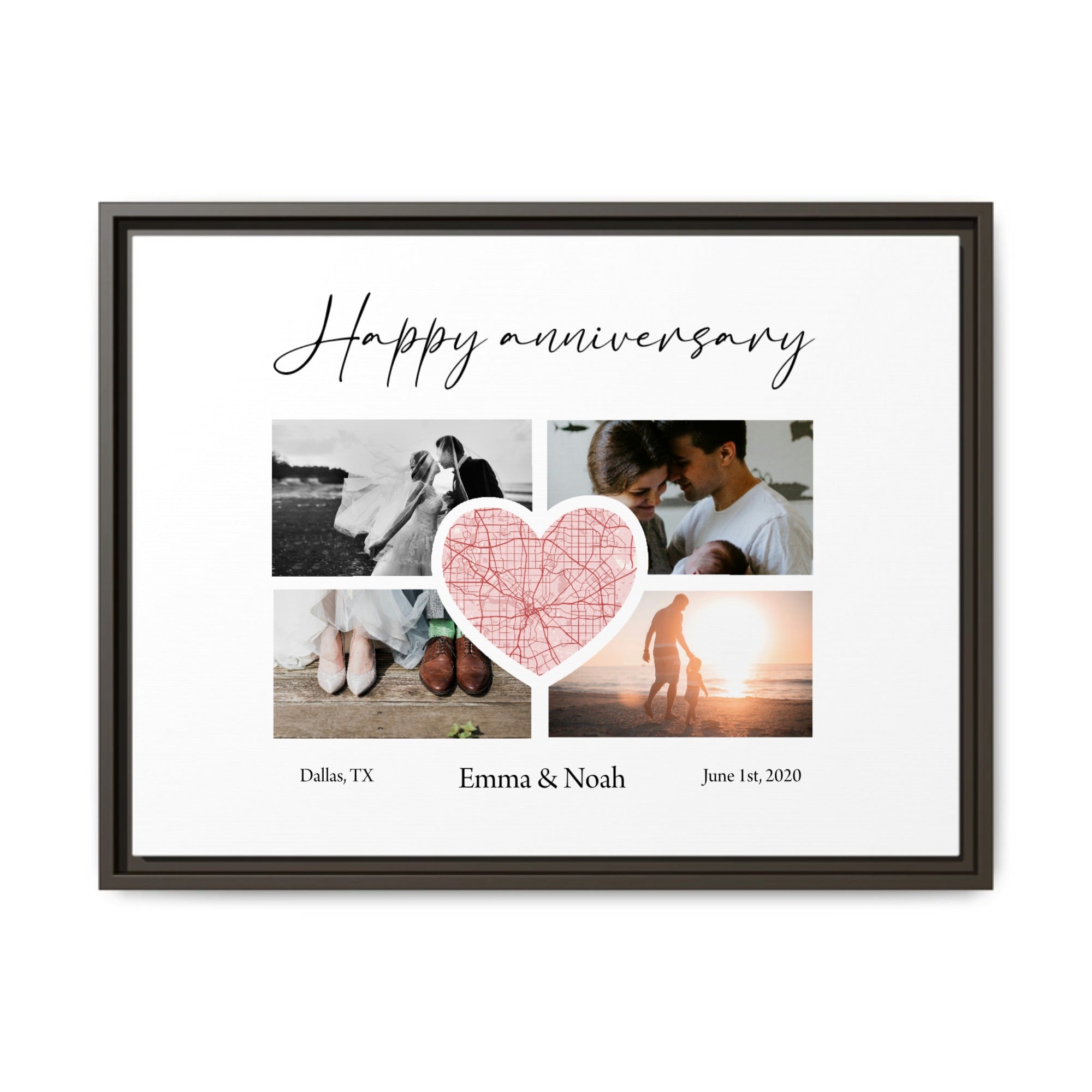 Custom Heart Map Photo Collage Canvas – Framed Anniversary or Family Gift with Names & Location