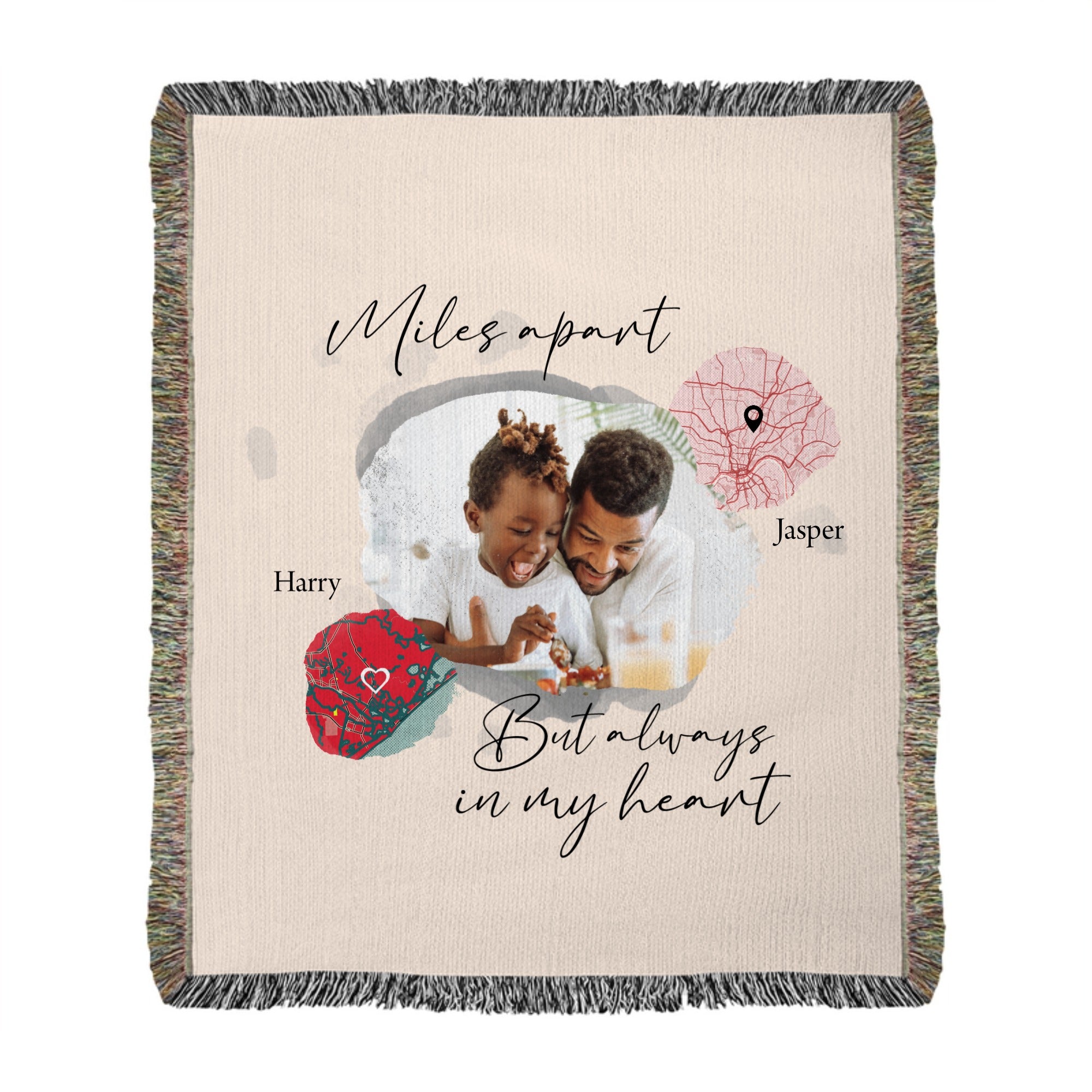Custom Map and Photo Family Love with Distance Heirloom Photo Woven Blanket (Portrait)