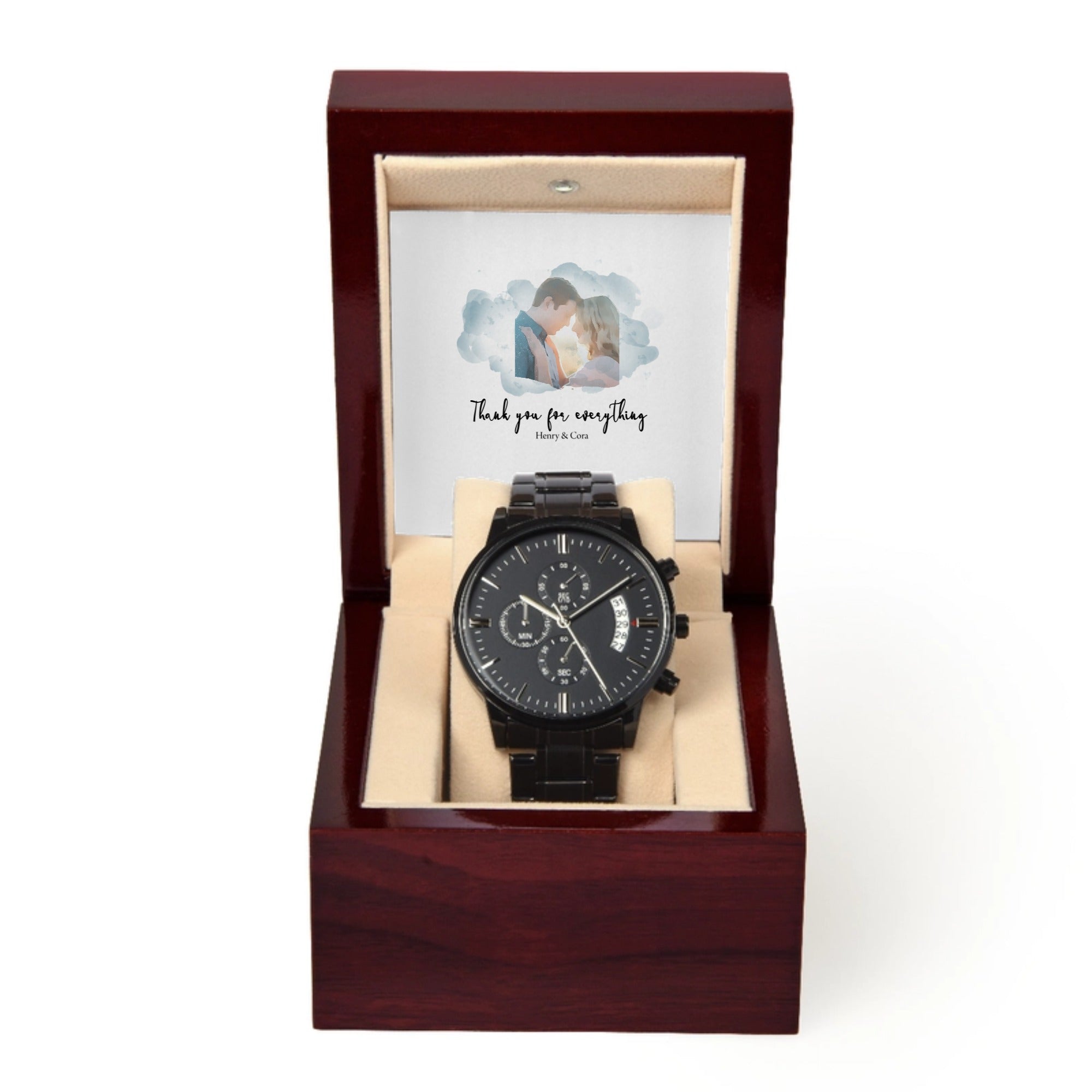 Custom Black Chronograph Watch with Personalized Photo Message Card – Gift for Him in Luxury Box