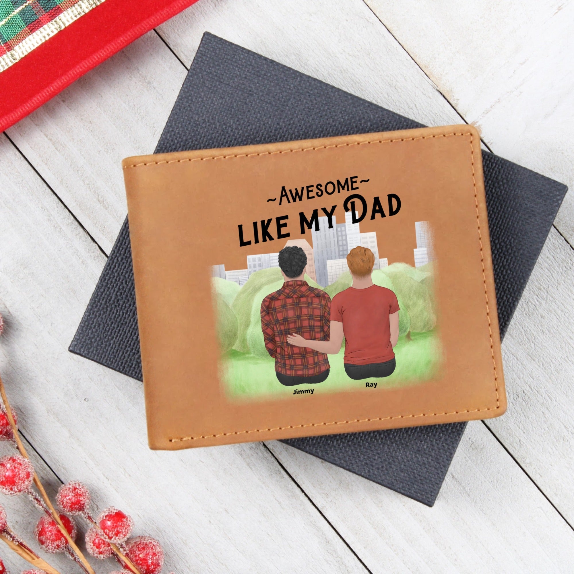 Custom “Like My Dad” Leather Wallet – Personalized Gift with Father & Child Figures and Names