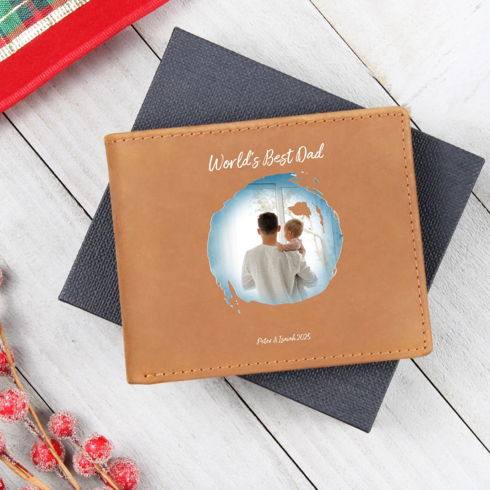 Custom Photo Leather Wallet for Dad – Personalized Gift with Watercolor Effect & Text